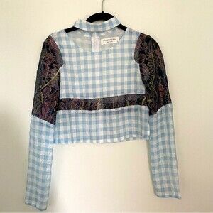 Vivienne Hu Blouse Top Gingham Lace Long Sleeve Choker Blue White Black Small